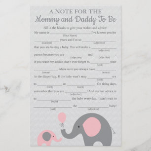 Pink Elephant Baby Shower Advice Game Cards