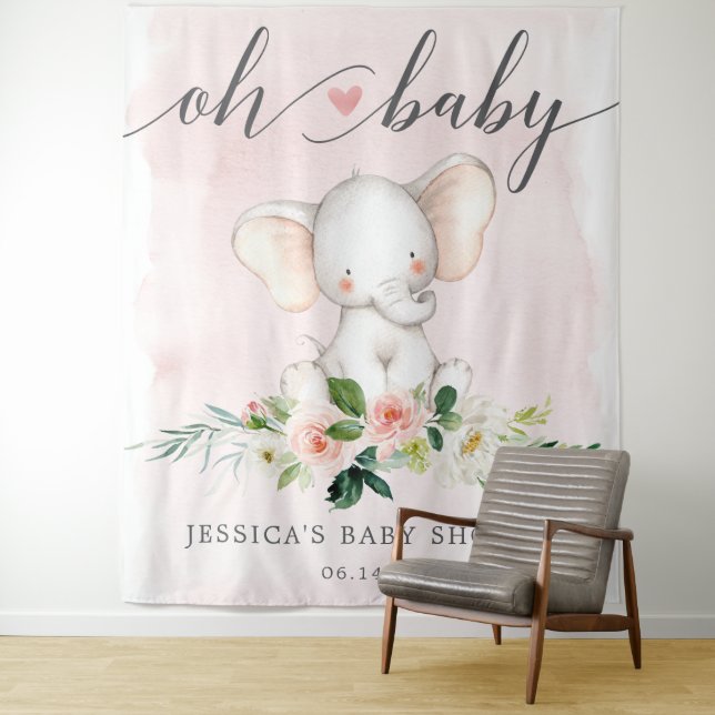 Pink Elephant Baby Shower Banner Photo Backdrop Tapestry (In Situ)