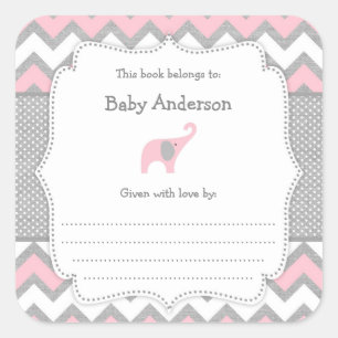 Pink Elephant Baby Shower bookplate book sticker