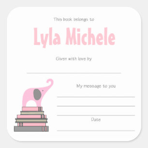 Pink Elephant baby shower bookplates GIRL Square Sticker