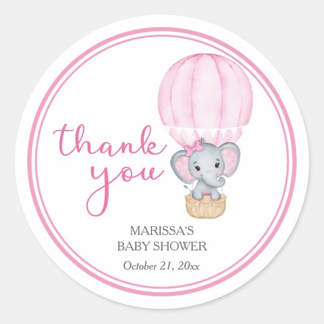 Pink Elephant Baby Shower Classic Round Sticker (Front)