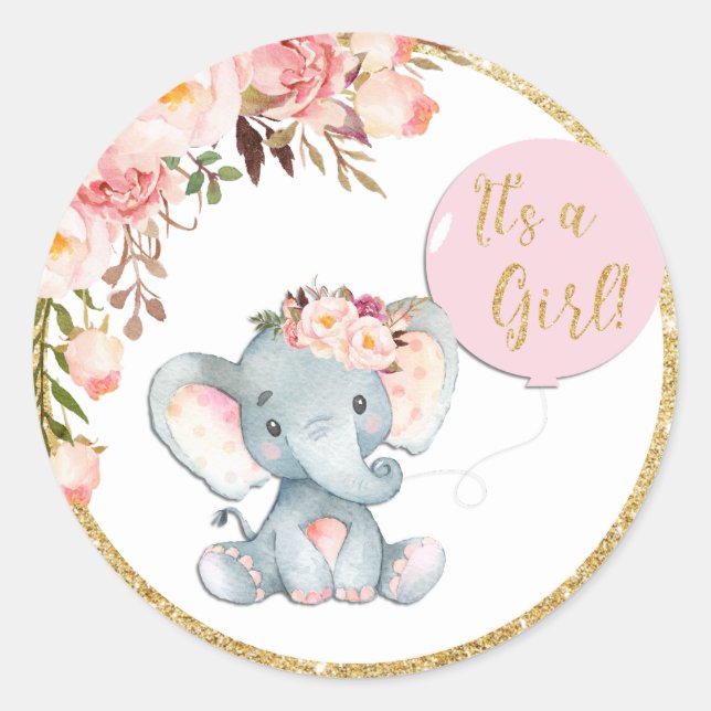 Pink Elephant Baby Shower Favour Sticker Labels (Front)