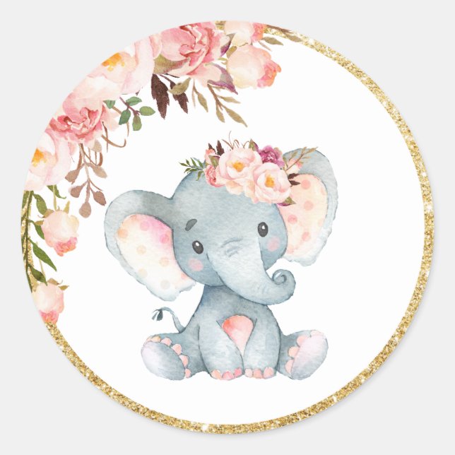 Pink Elephant Baby Shower Favour Sticker Labels (Front)