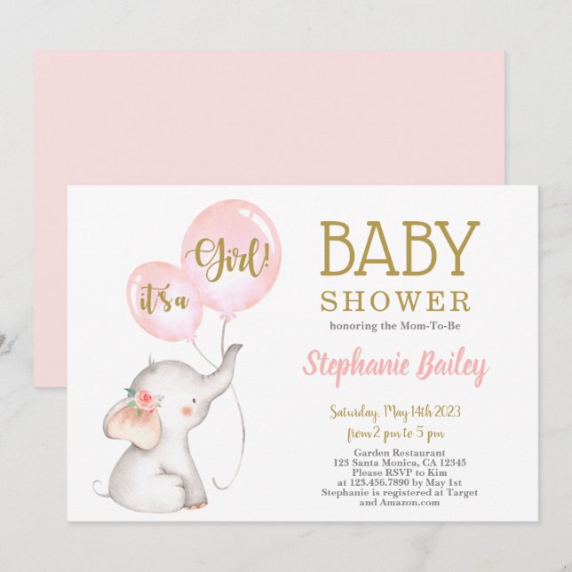 Pink Elephant Baby Shower girl Invitation (Front/Back)