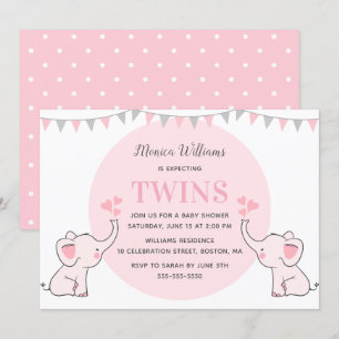 Pink Elephant Baby Shower   Girl Twins Baby Shower Invitation
