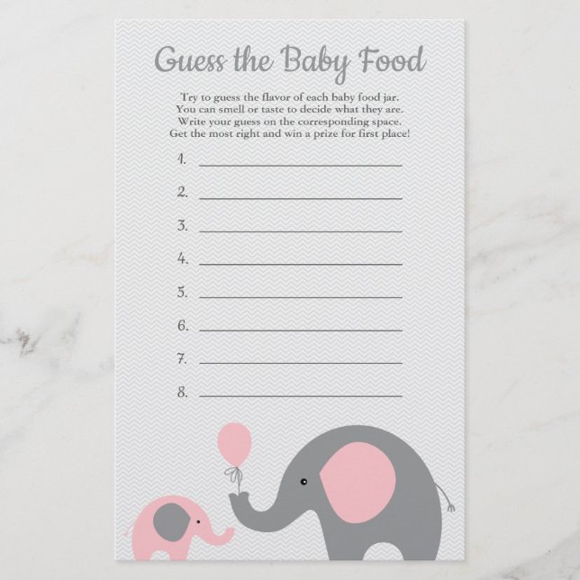 Pink Elephant Baby Shower Guess the Baby Food Game Flyer (Front)