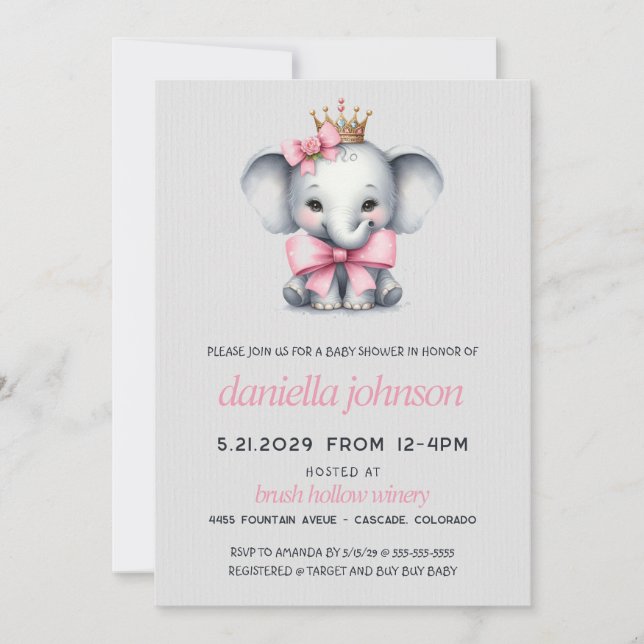 Pink Elephant Baby Shower Invitation (Front)