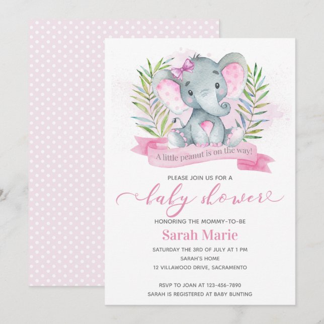 Pink Elephant  Baby Shower Invitation (Front/Back)