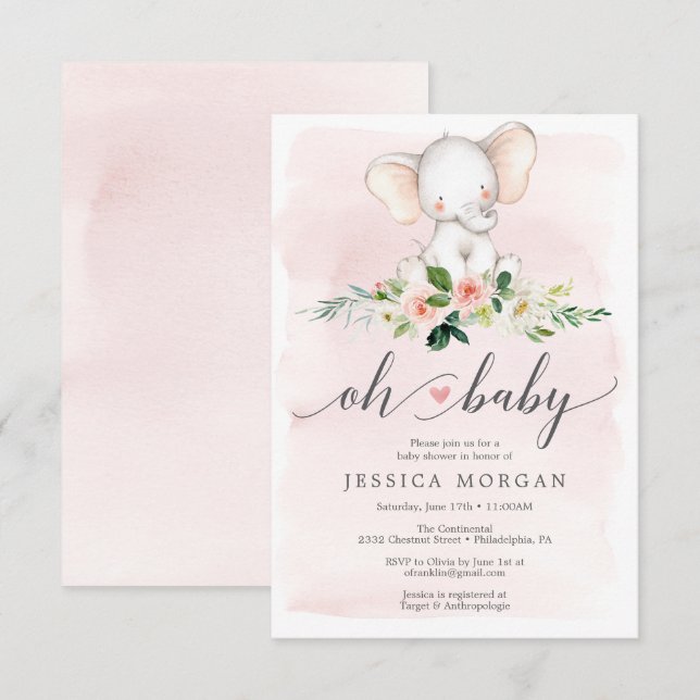 Pink Elephant Baby Shower Invitation Card (Front/Back)