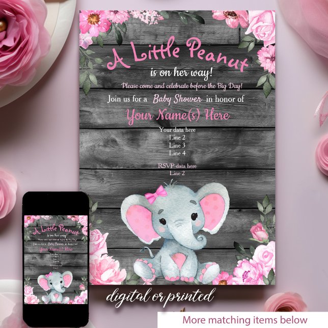 Pink Elephant Baby Shower invitation, rustic Girl Invitation (Creator Uploaded)