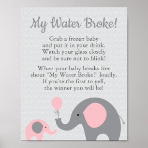 Pink Elephant Baby Shower My Water Broke Game Sign