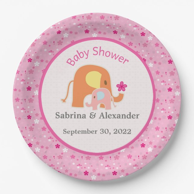 Pink Elephant Baby Shower Paper Plate (Front)