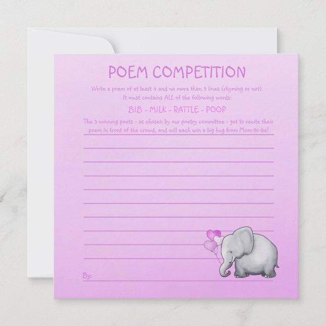 Pink Elephant Baby Shower Poem Competition Game Invitation (Front)