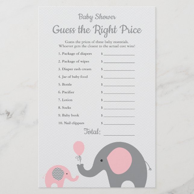 Pink Elephant Baby Shower Price is Right Game (Front)