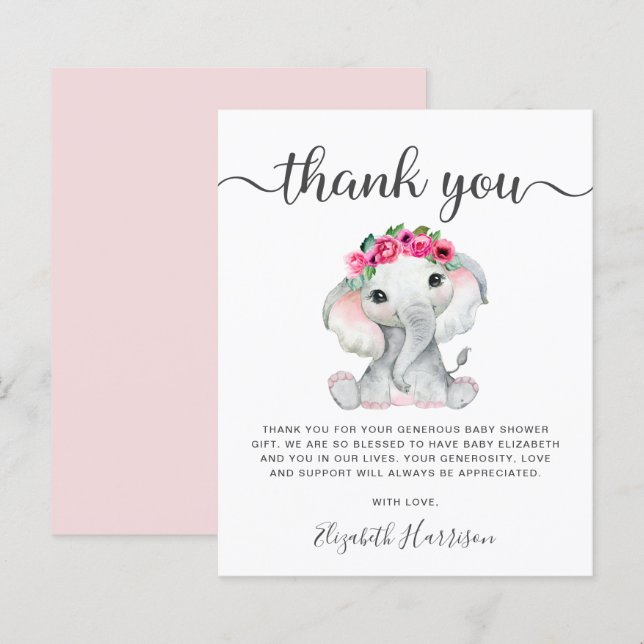 Pink Elephant Baby Shower Thank You (Front/Back)