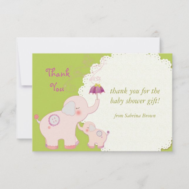 Pink Elephant Baby Shower Thank You Card (Front)