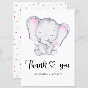 Pink elephant baby shower thank you card
