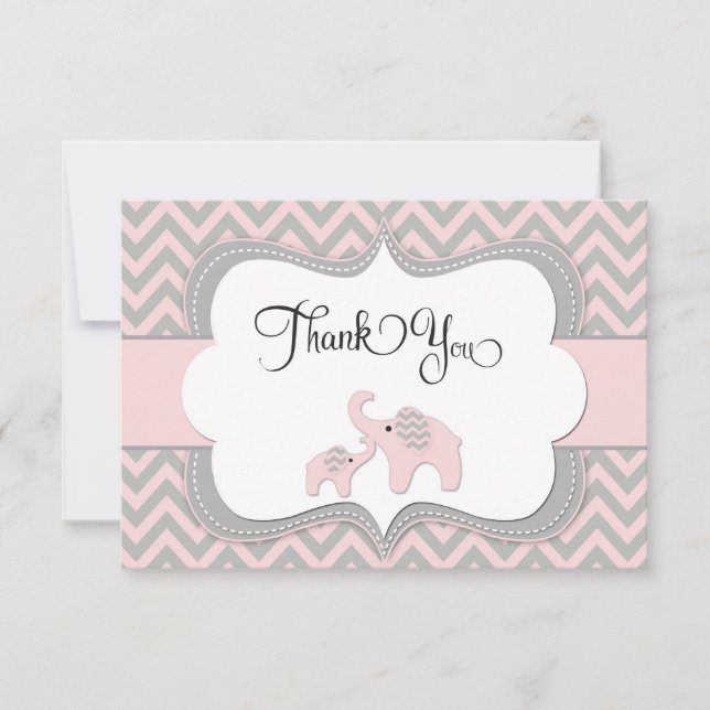 Pink Elephant Baby Shower Thank You Card (Front)