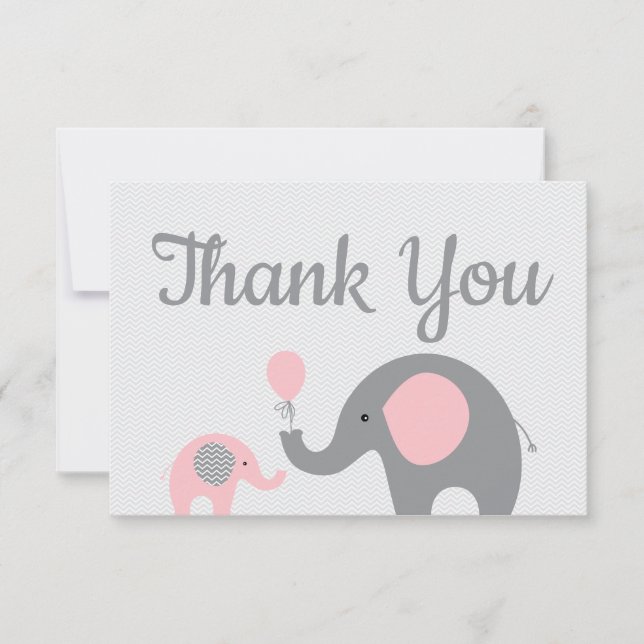 Pink Elephant Baby Shower Thank You Cards Flat (Front)