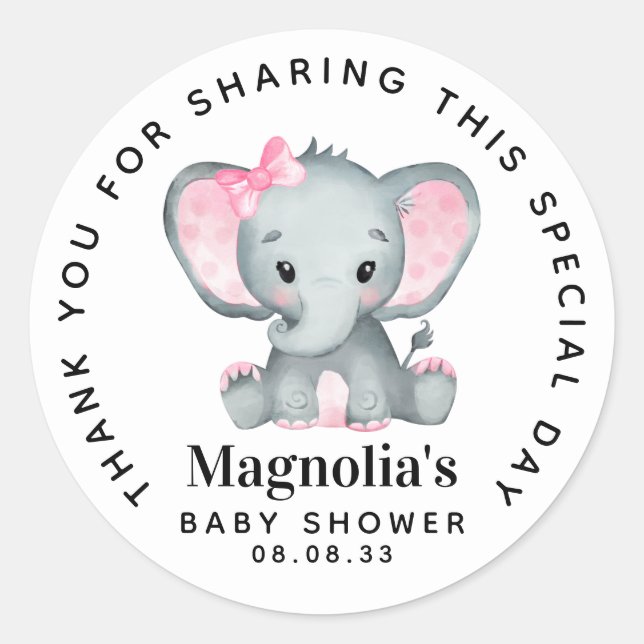 Pink Elephant Baby Shower Thank You Classic Round Sticker (Front)