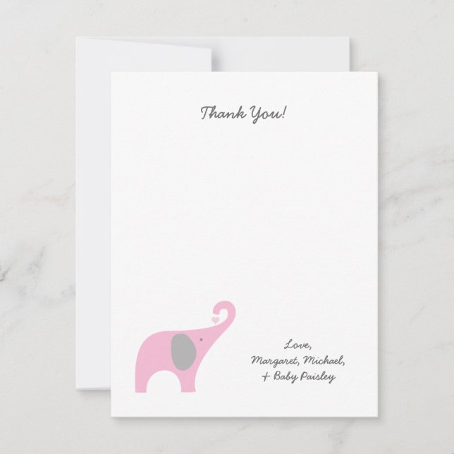 Pink Elephant Baby Shower Thank You Notes / girl (Front)