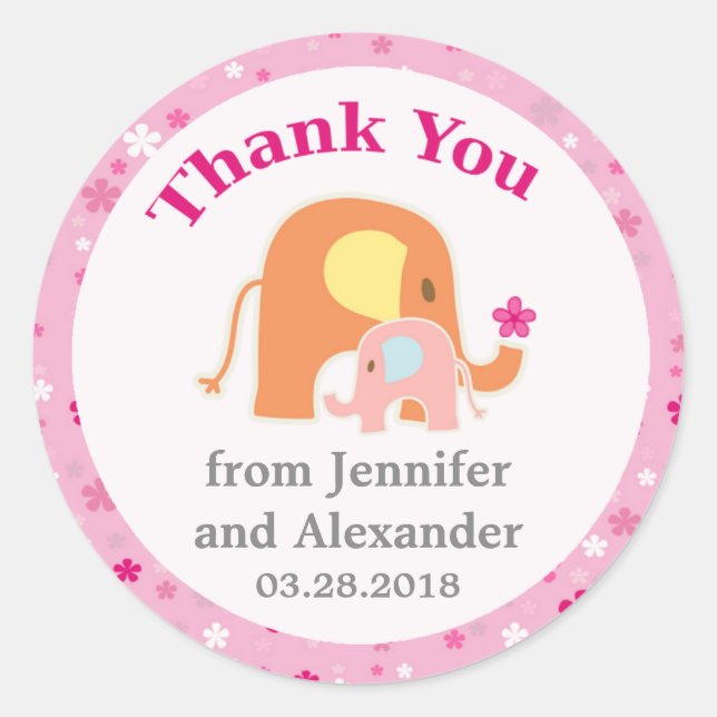 Pink Elephant Baby Shower Thank You Sticker (Front)