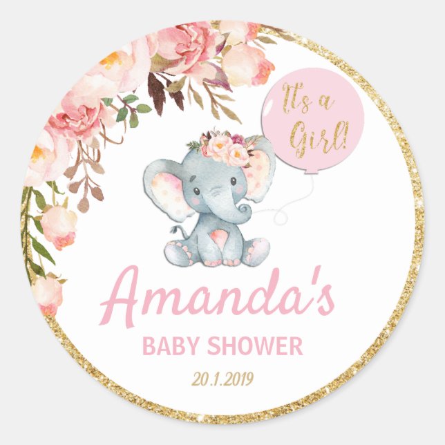 Pink Elephant Baby Shower Thank You Sticker Labels (Front)