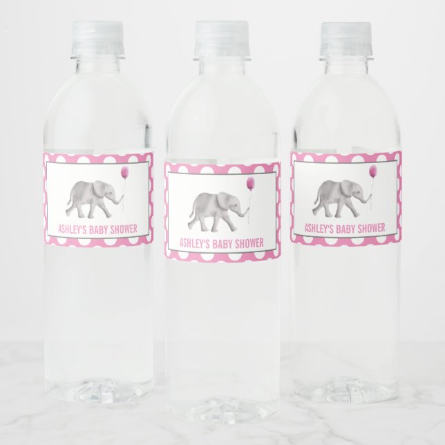Pink Elephant Baby Shower Water Bottle Labels (Bottles)