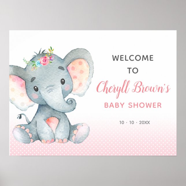 Pink Elephant Baby Shower Welcome Sign (Front)