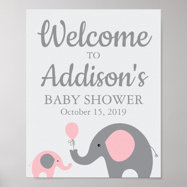 Pink Elephant Baby Shower Welcome Sign Poster (Front)