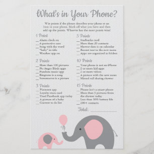 Pink Elephant Baby Shower What's in Your Phone Flyer