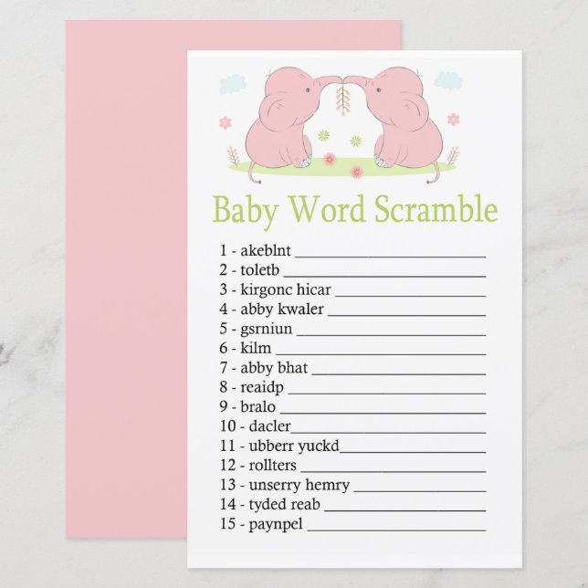 Pink Elephant Baby word scramble game (Front/Back)