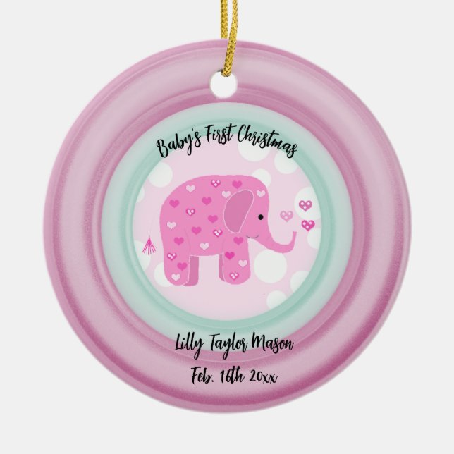 Pink Elephant Baby's Frist Christmas Ceramic Ornam Ceramic Tree Decoration (Front)