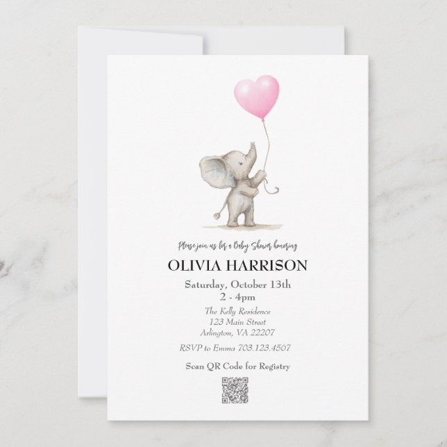 Pink Elephant Balloon Baby Shower Invitation (Front)