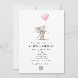 Pink Elephant Balloon Baby Shower Invitation