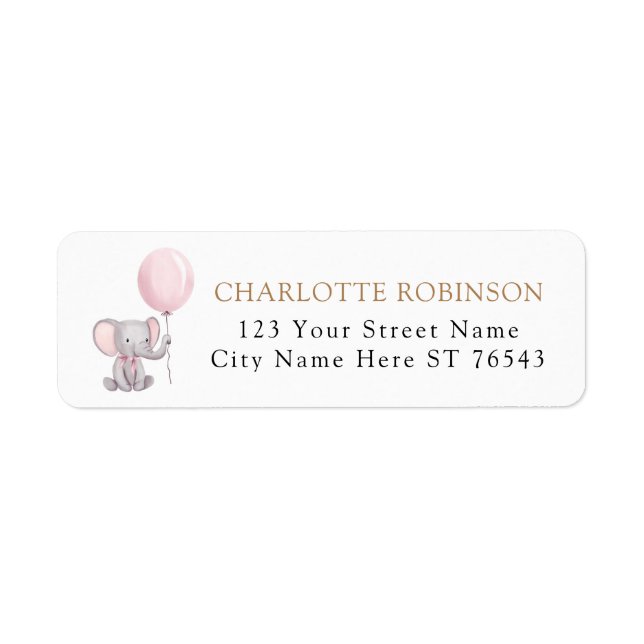 Pink Elephant Balloon Baby Shower Return Address (Front)