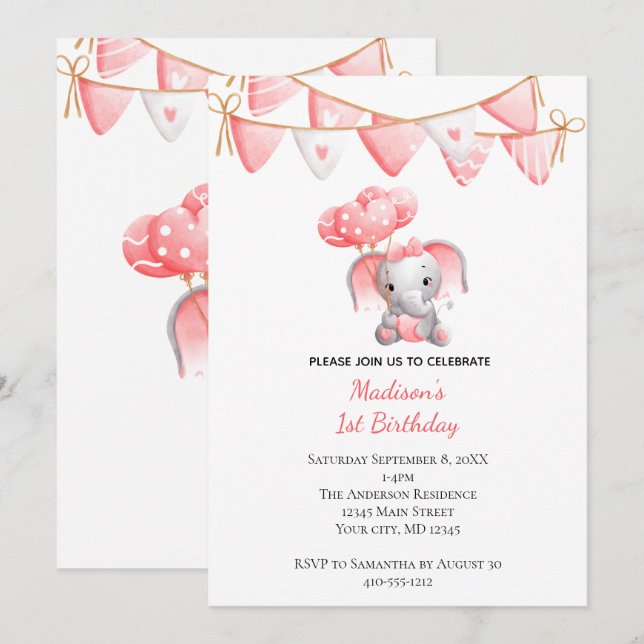 Pink Elephant Balloons Baby Girl Birthday  Invitation (Front/Back)