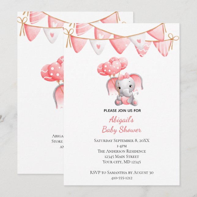 Pink Elephant Balloons Baby Shower Invitation (Front/Back)