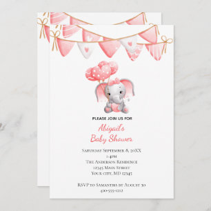Pink Elephant Balloons Baby Shower Invitation