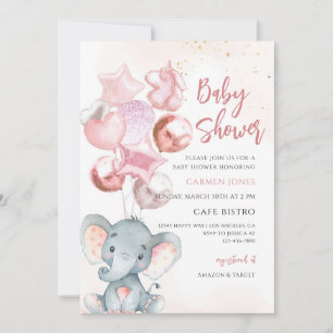 Pink Elephant Balloons Girl Baby Shower Invitation