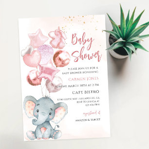 Pink Elephant Balloons Girl Baby Shower Invitation