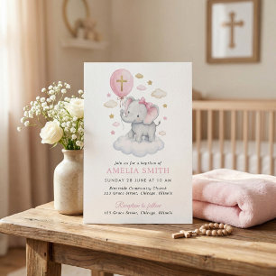 Pink Elephant Baptism Clouds Balloon Watercolor  Invitation