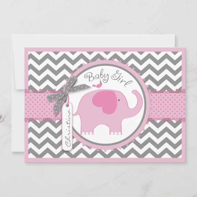 Pink Elephant Bird and Chevron Print Baby Shower Invitation (Front)