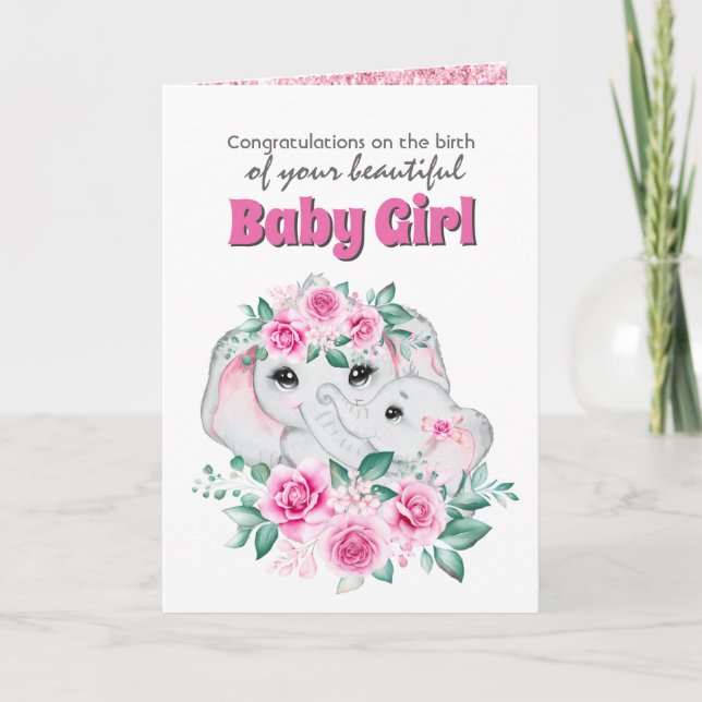 Pink elephant birth baby girl congratulations  card (Front)
