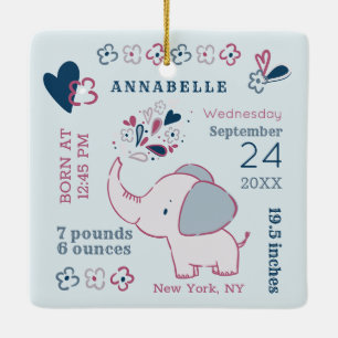 Pink Elephant Birth Stats Baby's First Christmas Ceramic Ornament