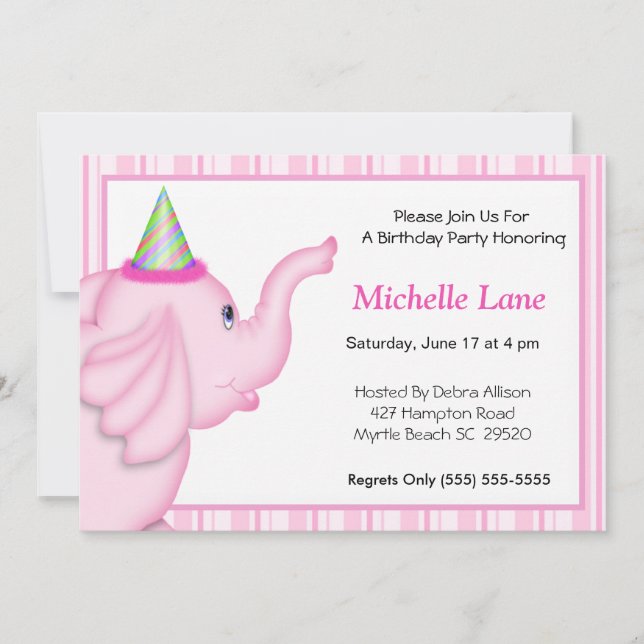 Pink Elephant Birthday Invite For Girls (Front)