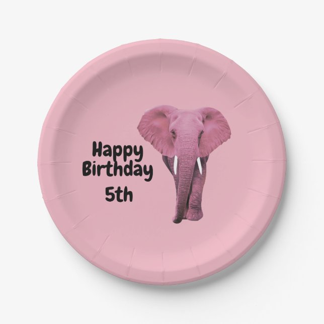 Pink Elephant Birthday Paper Plate (Front)