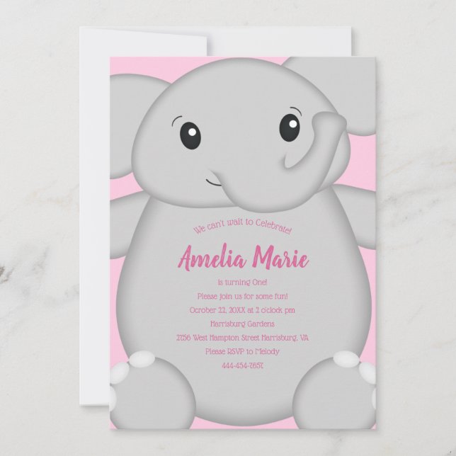 Pink Elephant Birthday Party Invitation (Front)