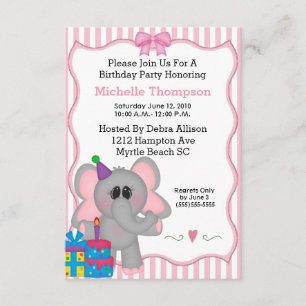 Pink Elephant Birthday Party Invitations