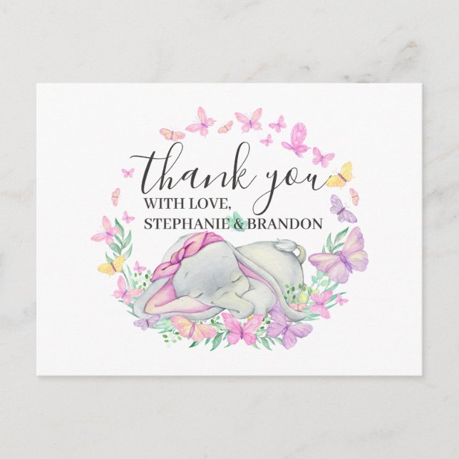 Pink Elephant Butterflies Thank You  Card (Front)